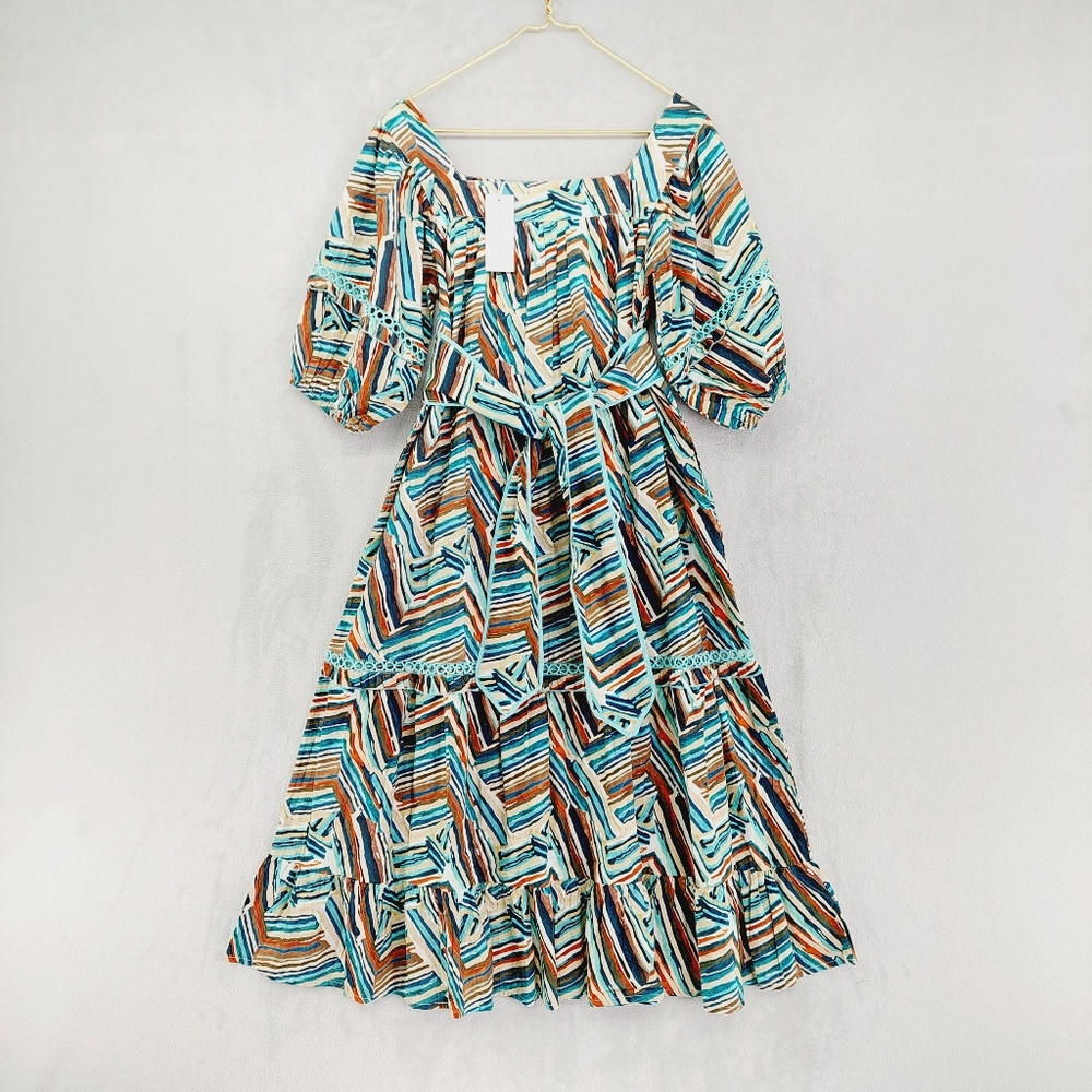 New Marigold Striped Print Square Neck Cotton Short Sleeve Belted Dress P2525